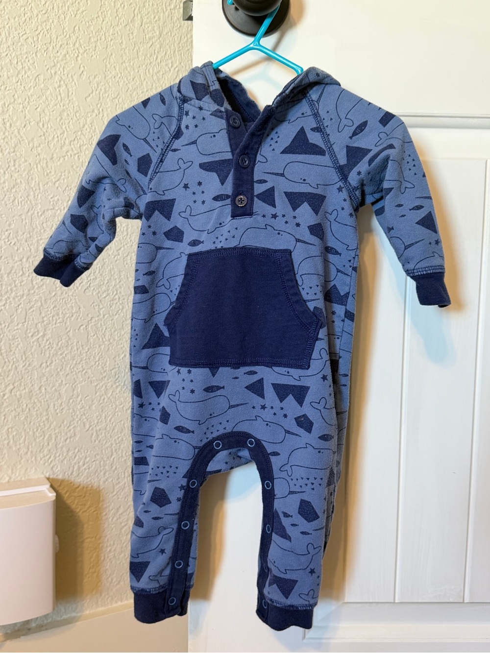 Cat & Jack Blue Hooded One-Piece Narwhal Sweatshirt Romper 3-6M